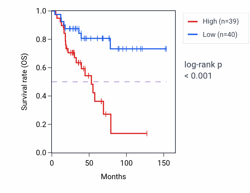 Kaplan&ndash;Meier survival curve for Cellular response to L-leucine pathway activity in ACC: high vs low activity groups.