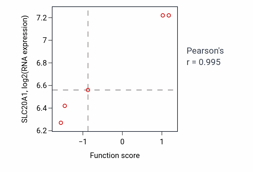 Per-sample scatter of Cellular response to hyperoxia activity vs SLC20A1 in PANCREAS.
