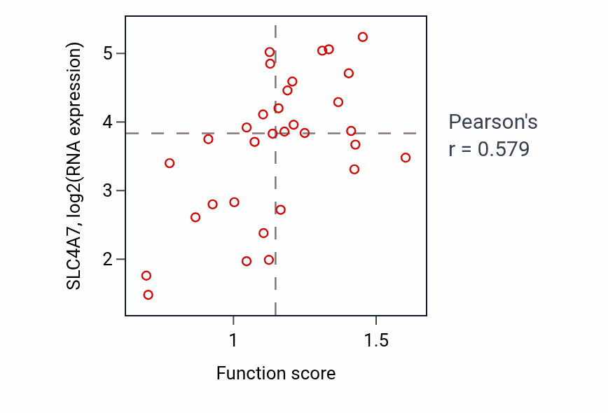 Per-sample scatter of Cellular response to osmotic stress activity vs SLC4A7 in OVARY.