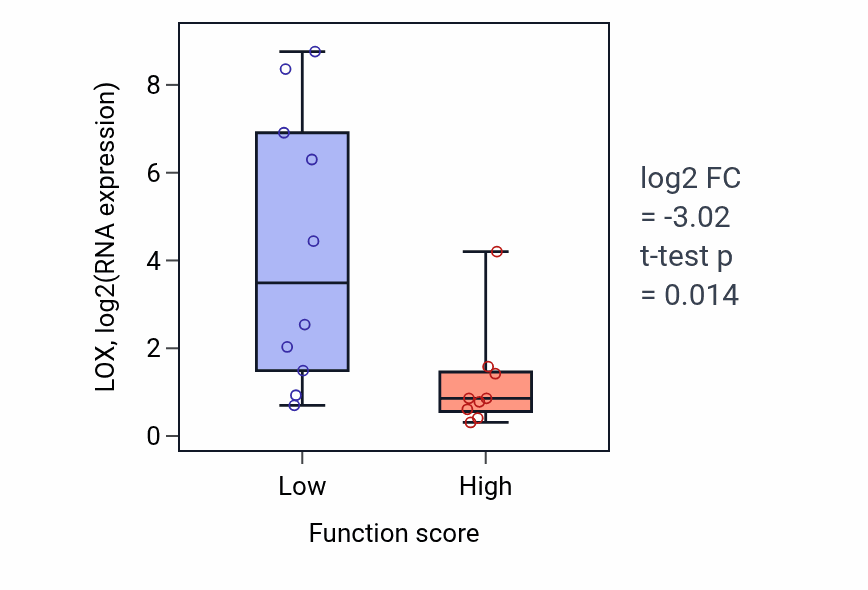 Box plot of LOX in Cellular response to X-ray-low vs -high samples in LUNG_NSCLC_LUSC.