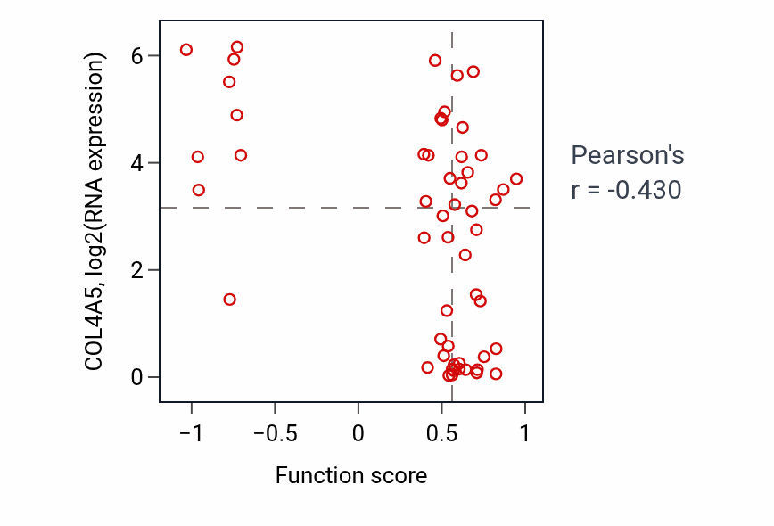 Per-sample scatter of Response to transforming growth factor beta activity vs COL4A5 in LUNG_NSCLC_LUAD.