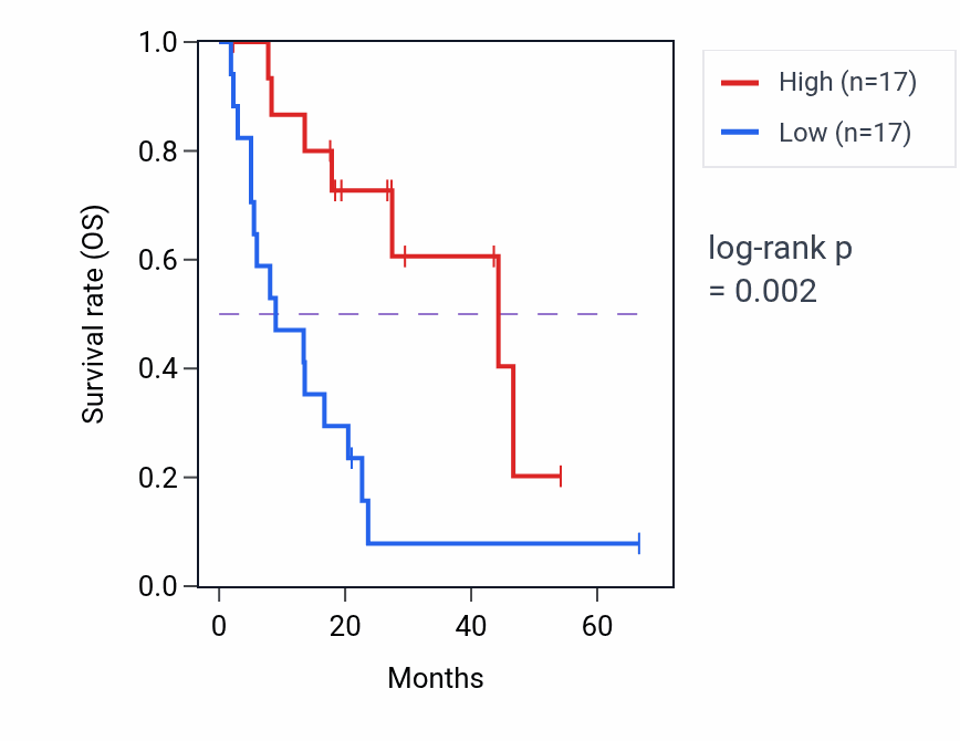 Kaplan&ndash;Meier survival curve for Leukotriene transport pathway activity in BLCA: high vs low activity groups.