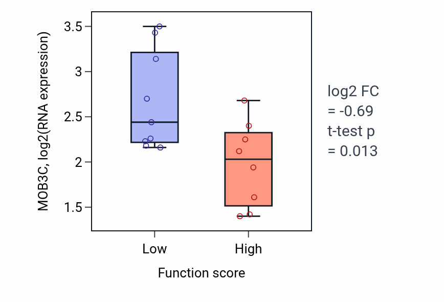 Box plot of MOB3C in Endoplasmic reticulum tubular network formation-low vs -high samples in STOMACH.