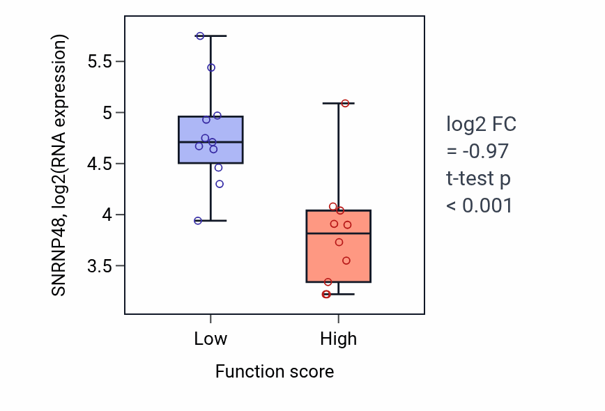 Box plot of SNRNP48 in Determination of liver left/right asymmetry-low vs -high samples in LUNG_SCLC.