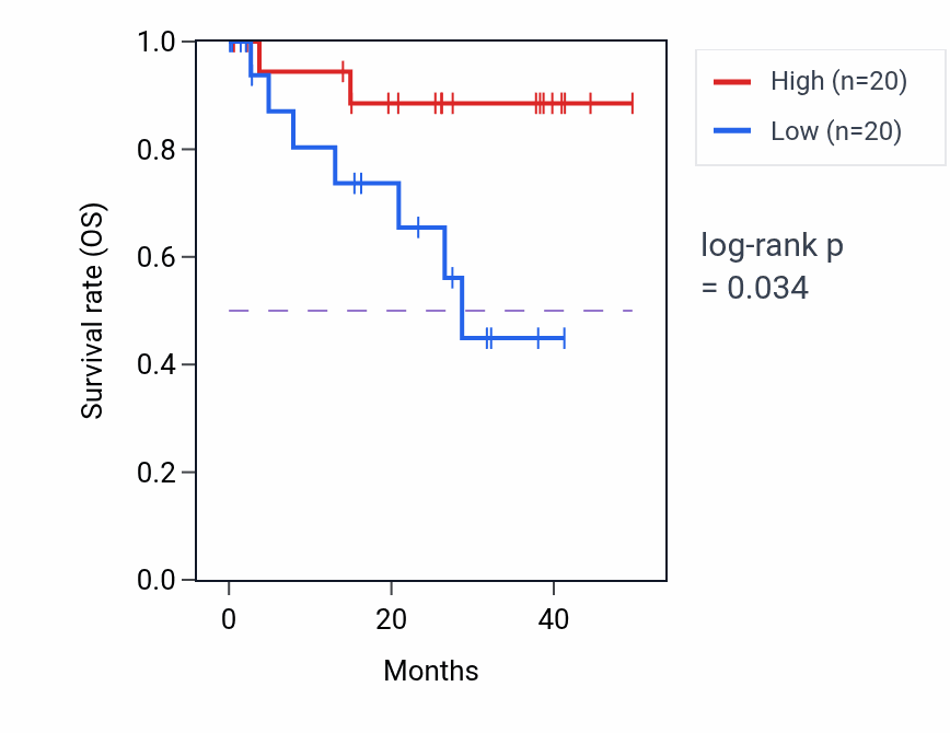 Kaplan&ndash;Meier survival curve for Collecting duct development pathway activity in UVM: high vs low activity groups.