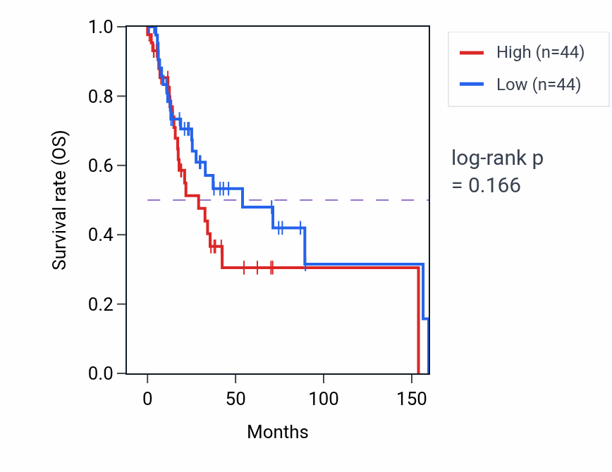 Kaplan&ndash;Meier survival curve for Renal vesicle development pathway activity in HNSC.