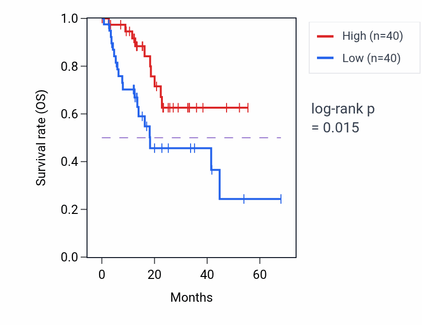 Kaplan&ndash;Meier survival curve for Metanephric tubule morphogenesis pathway activity in ESCA: high vs low activity groups.