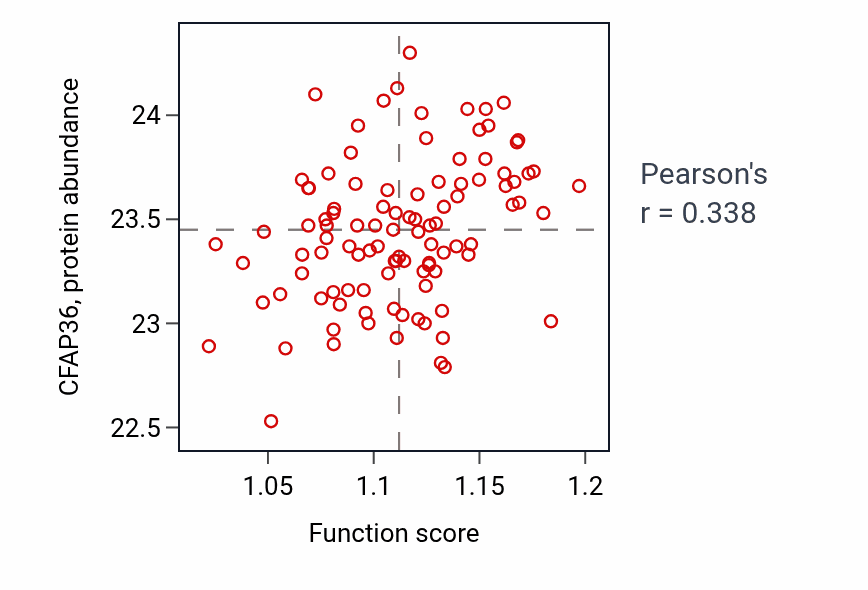 Per-sample scatter of Microtubule anchoring at microtubule organizing center activity vs CFAP36 in CCRCC.