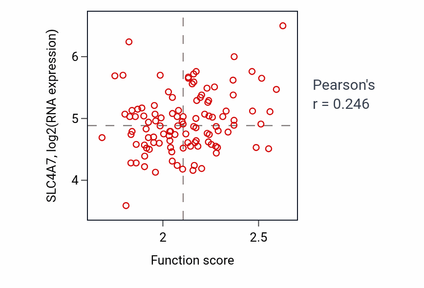 Per-sample scatter of Pyrimidine-containing compound metabolic process activity vs SLC4A7 in LUAD.
