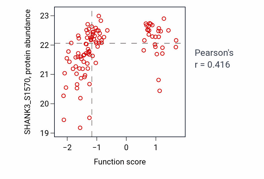 Per-sample scatter of Neurotransmitter-gated ion channel clustering activity vs SHANK3_S1570 in CCRCC.