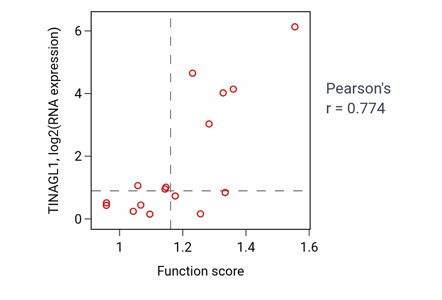Per-sample scatter of Protein localization to plasma membrane activity vs TINAGL1 in SOFT_TISSUE.