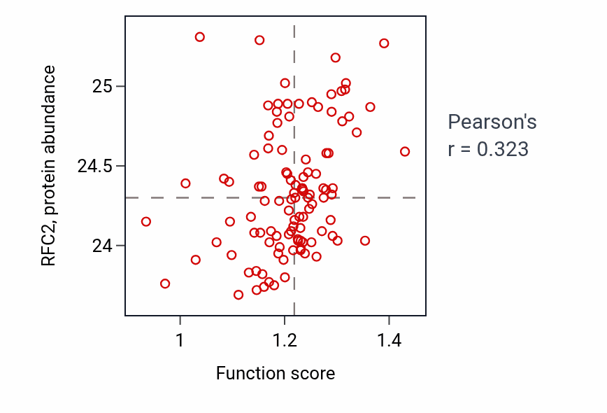 Per-sample scatter of Protein K6-linked ubiquitination activity vs RFC2 in HNSC.