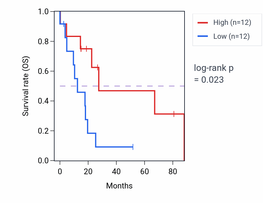 Kaplan&ndash;Meier survival curve for Cardiac muscle cell action potential pathway activity in UCS: high vs low activity groups.