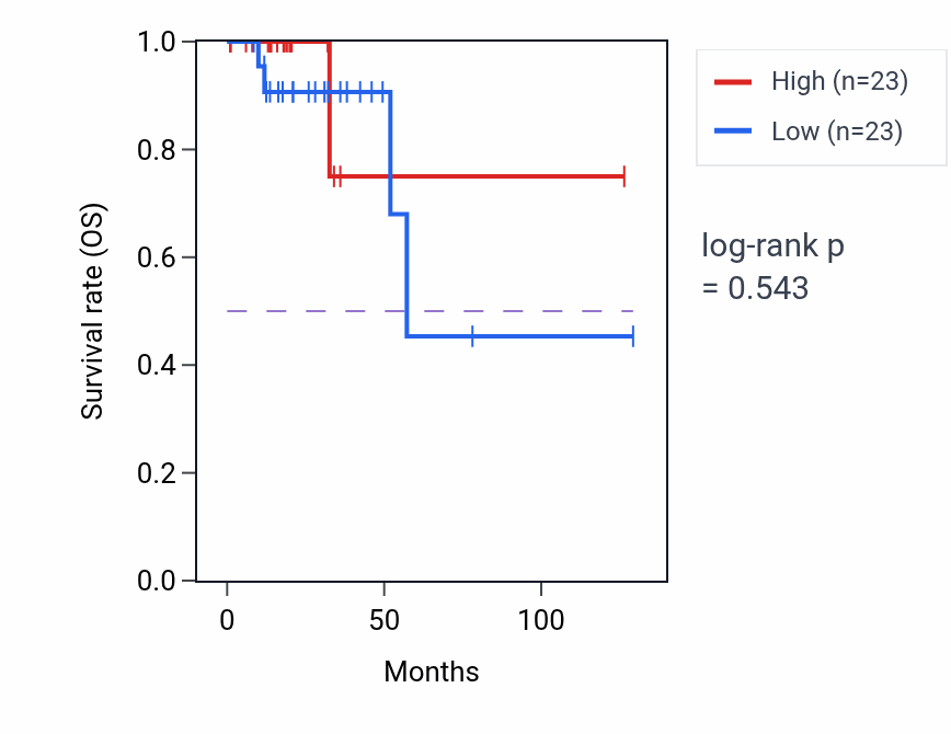 Kaplan&ndash;Meier survival curve for Bundle of His cell to Purkinje myocyte signaling pathway activity in READ.