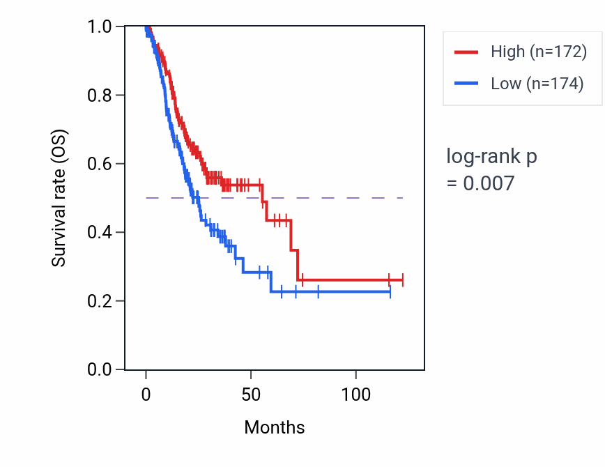Kaplan&ndash;Meier survival curve for Positive regulation of synapse maturation pathway activity in STAD: high vs low activity groups.