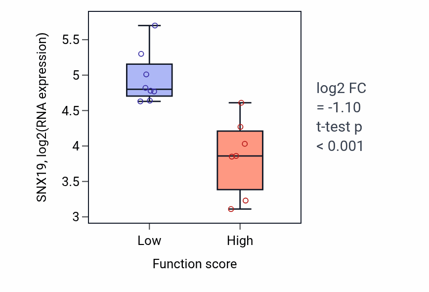 Box plot of SNX19 in Mitochondrial tRNA processing-low vs -high samples in BONE.