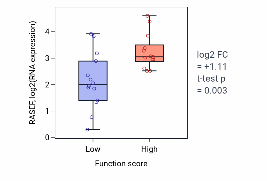 Box plot of RASEF in Postsynaptic density assembly-low vs -high samples in KIDNEY.