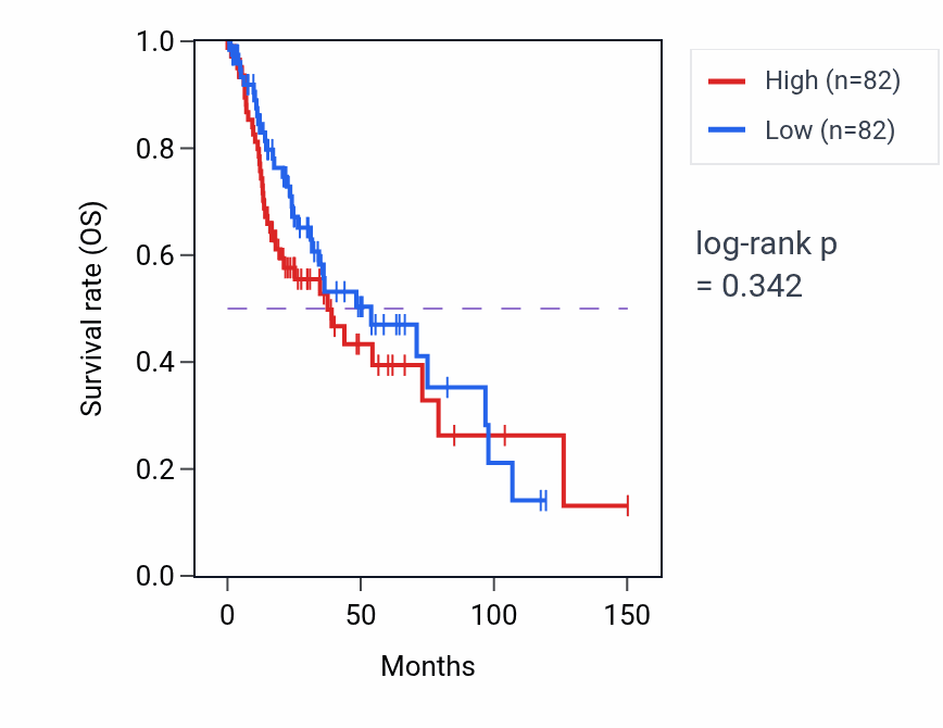 Kaplan&ndash;Meier survival curve for AMPA glutamate receptor clustering pathway activity in LUSC: high vs low activity groups.