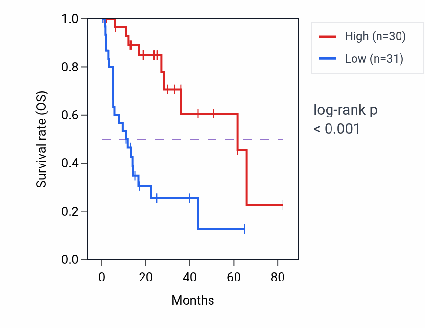 Kaplan&ndash;Meier survival curve for Synaptic vesicle lumen acidification pathway activity in COAD: high vs low activity groups.