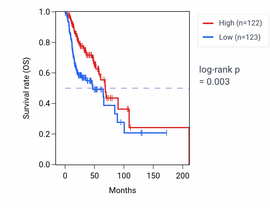 Kaplan&ndash;Meier survival curve for Vacuole fusion pathway activity in HNSC: high vs low activity groups.