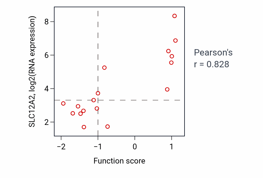 Per-sample scatter of Sodium ion import across plasma membrane activity vs SLC12A2 in STOMACH.