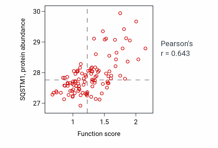 Per-sample scatter of Response to mitochondrial depolarisation activity vs SQSTM1 in LUAD.