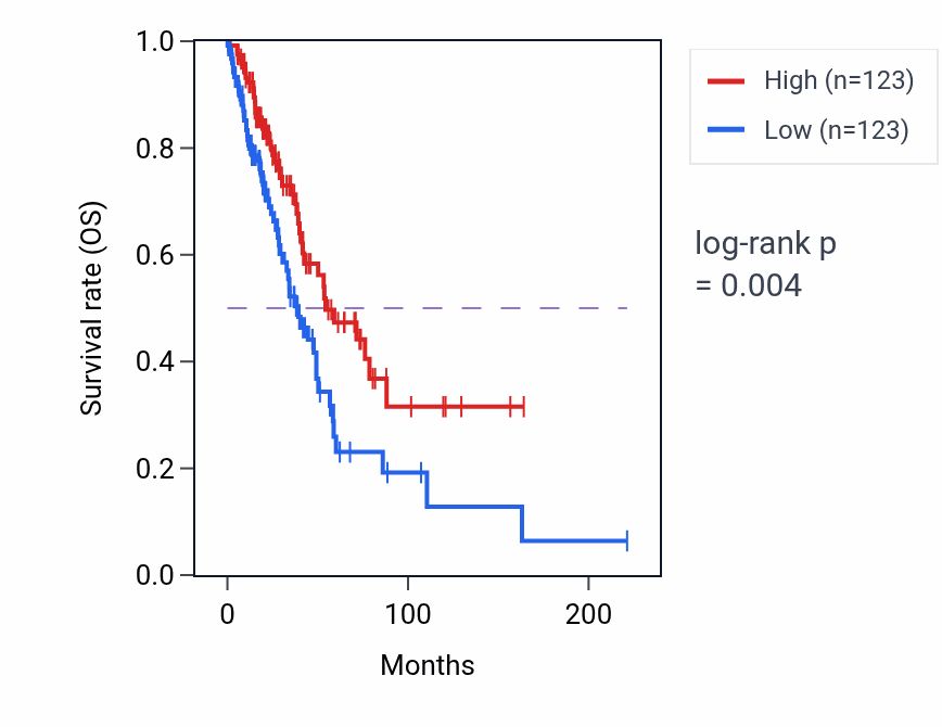 Kaplan&ndash;Meier survival curve for Membrane repolarization during ventricular cardiac muscle cell action potential pathway activity in LUAD.