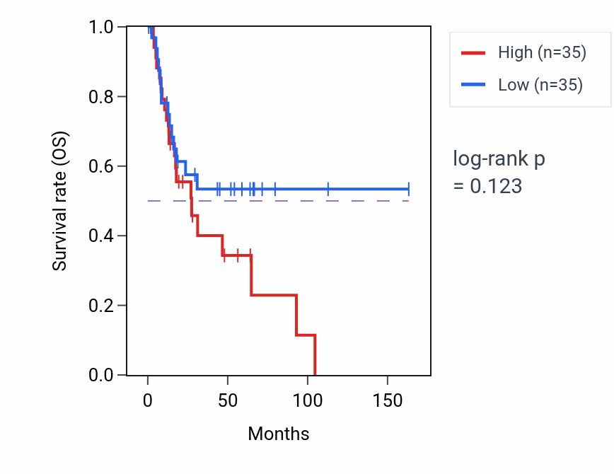 Kaplan&ndash;Meier survival curve for Synaptic vesicle endosomal processing pathway activity in BLCA.
