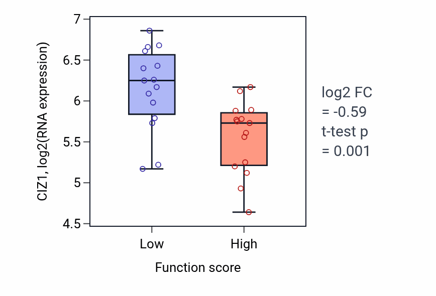Box plot of CIZ1 in Neurotransmitter receptor internalization-low vs -high samples in PANCREAS.