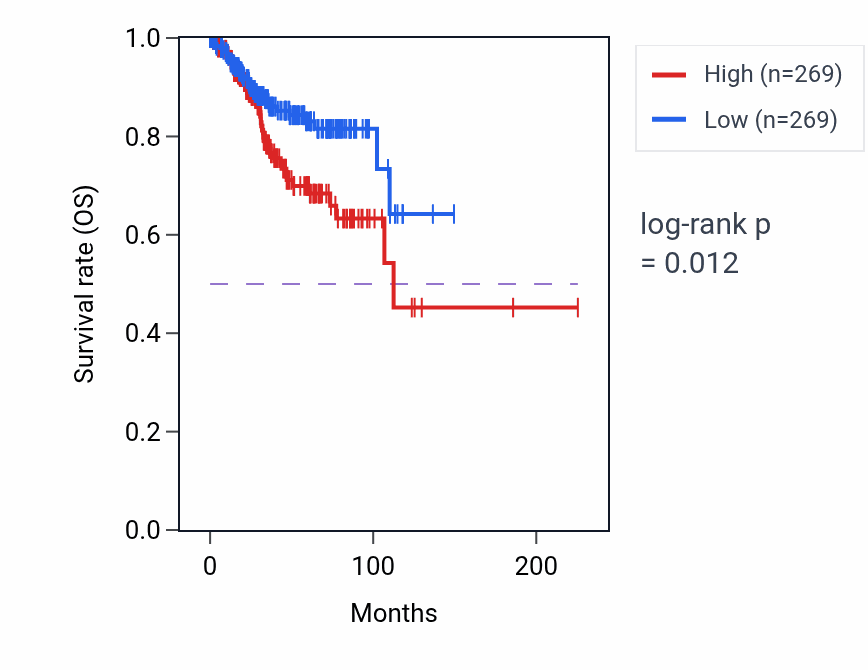 Kaplan&ndash;Meier survival curve for Regulation of cardiac muscle cell membrane repolarization pathway activity in UCEC: high vs low activity groups.