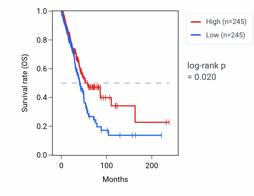 Kaplan&ndash;Meier survival curve for Endosome to plasma membrane protein transport pathway activity in LUAD.