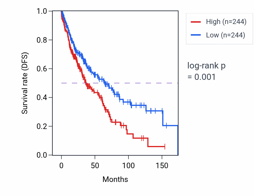 Kaplan&ndash;Meier survival curve for Basolateral protein secretion pathway activity in LUSC: high vs low activity groups.