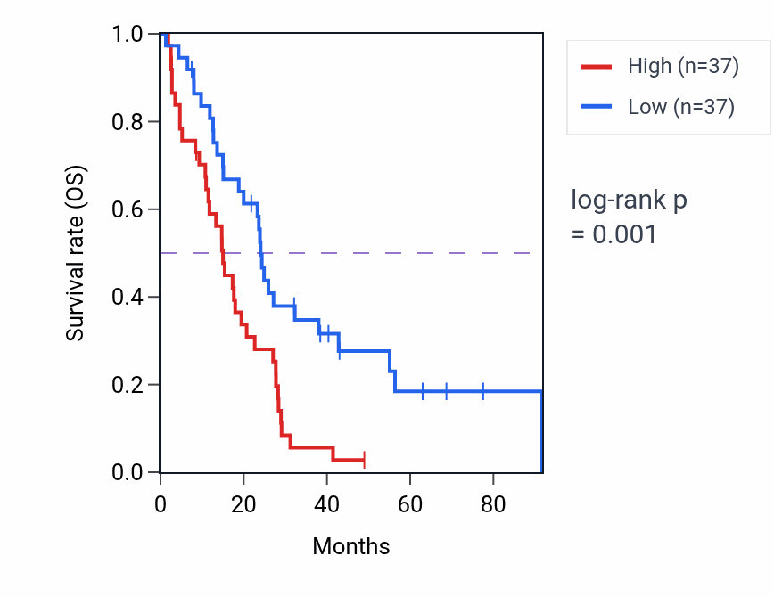 Kaplan&ndash;Meier survival curve for Regulation of basement membrane organization pathway activity in MESO: high vs low activity groups.