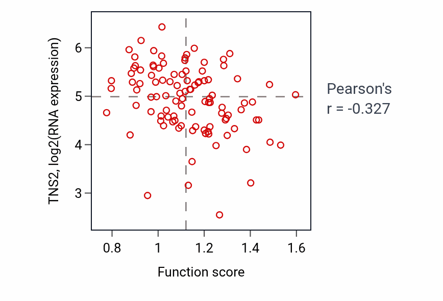 Per-sample scatter of mRNA methylguanosine-cap decapping activity vs TNS2 in CCRCC.