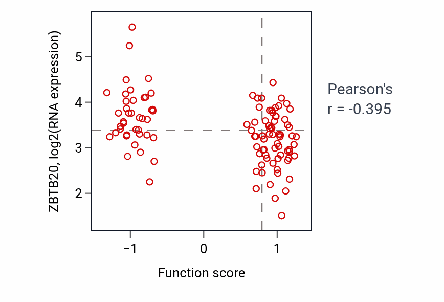 Per-sample scatter of L-aspartate import across plasma membrane activity vs ZBTB20 in LSCC.