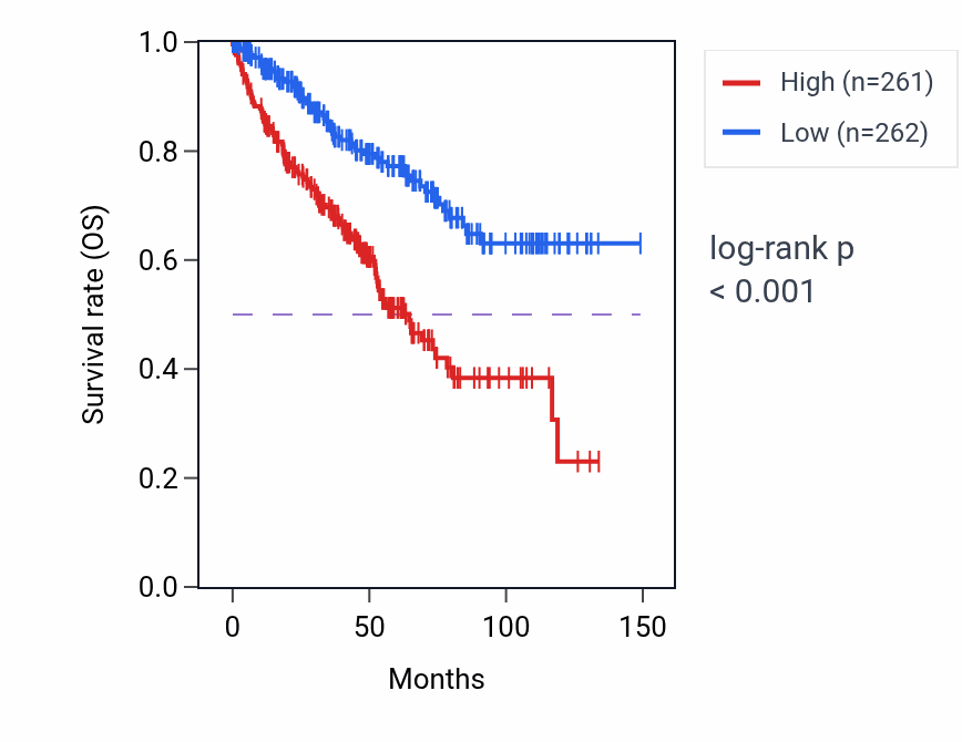 Kaplan&ndash;Meier survival curve for Mitotic nuclear division pathway activity in KIRC: high vs low activity groups.