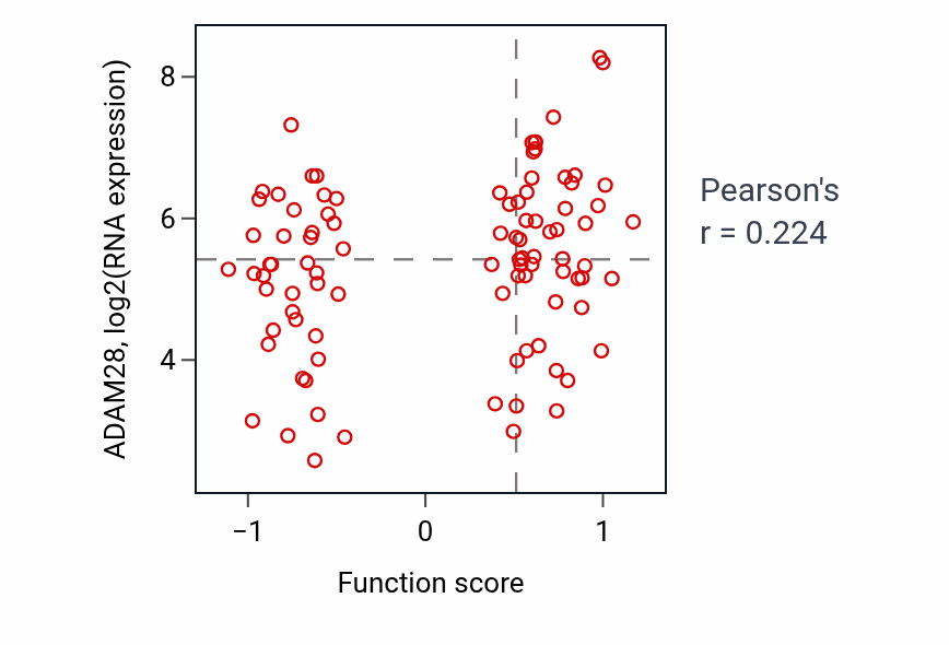 Per-sample scatter of Cellular response to oxidised low-density lipoprotein particle stimulus activity vs ADAM28 in UCEC.