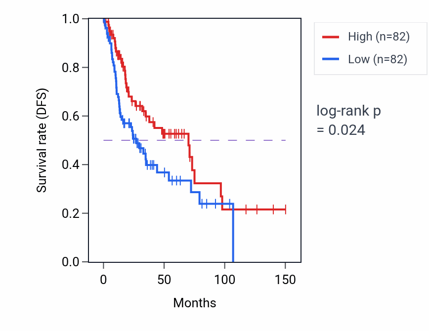 Kaplan&ndash;Meier survival curve for Export across plasma membrane pathway activity in LUSC: high vs low activity groups.