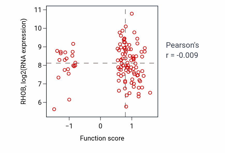 Per-sample scatter of Regulation of translation at synapse activity vs RHOB in LUAD.