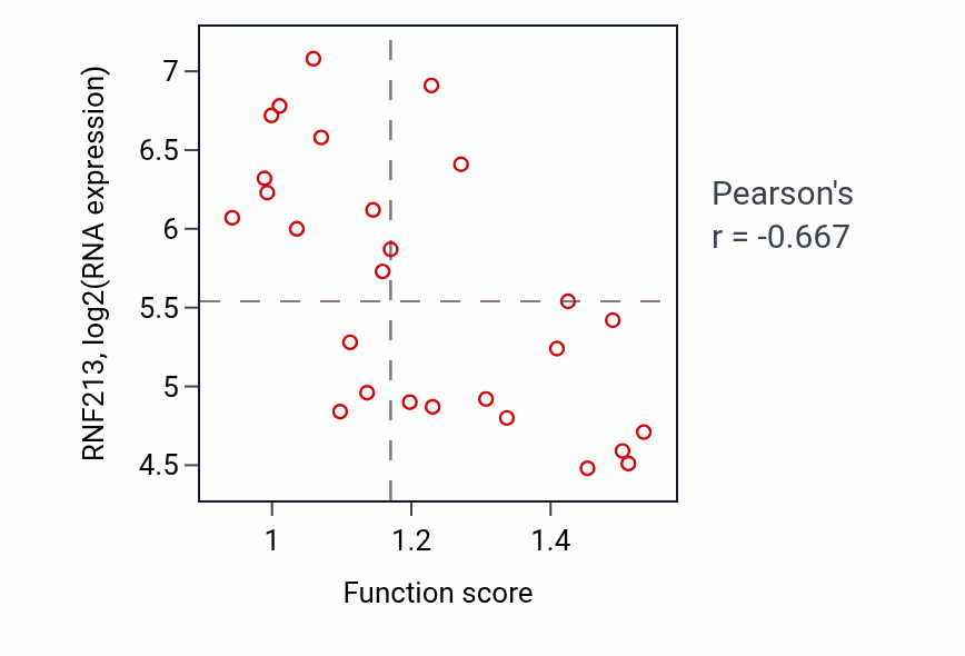 Per-sample scatter of Disruption of anatomical structure in another organism activity vs RNF213 in PANCREAS.