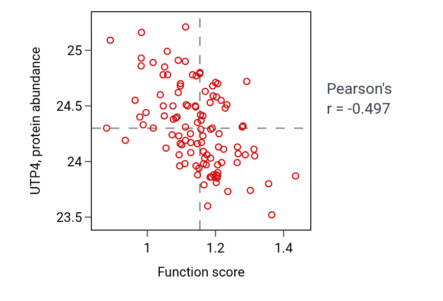 Per-sample scatter of Negative regulation of ruffle assembly activity vs UTP4 in LSCC.