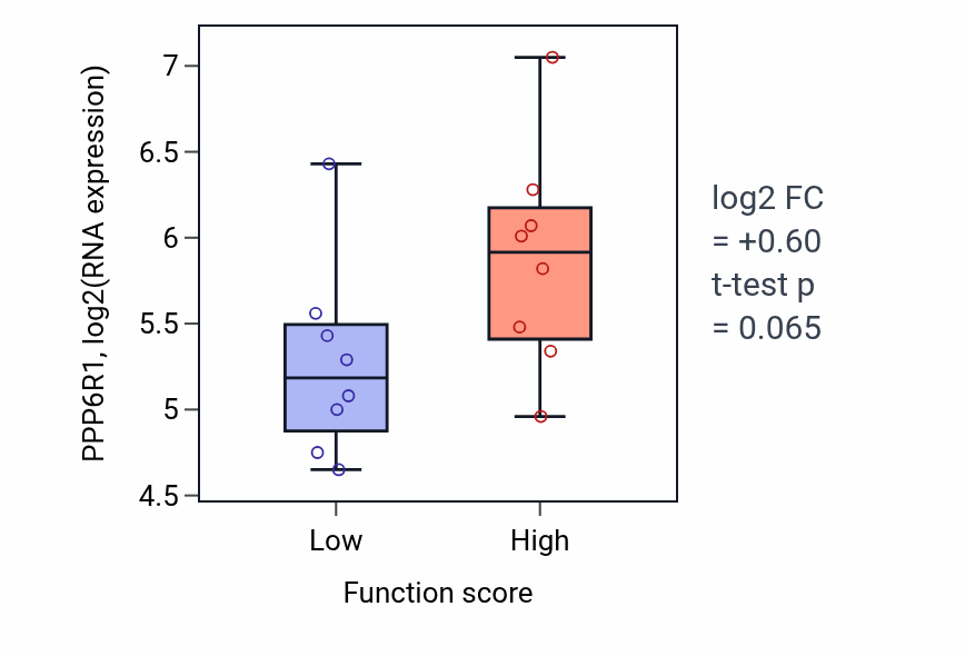 Box plot of PPP6R1 in Positive regulation of vascular endothelial growth factor signaling pathway-low vs -high samples in BLOOD_Myeloma.