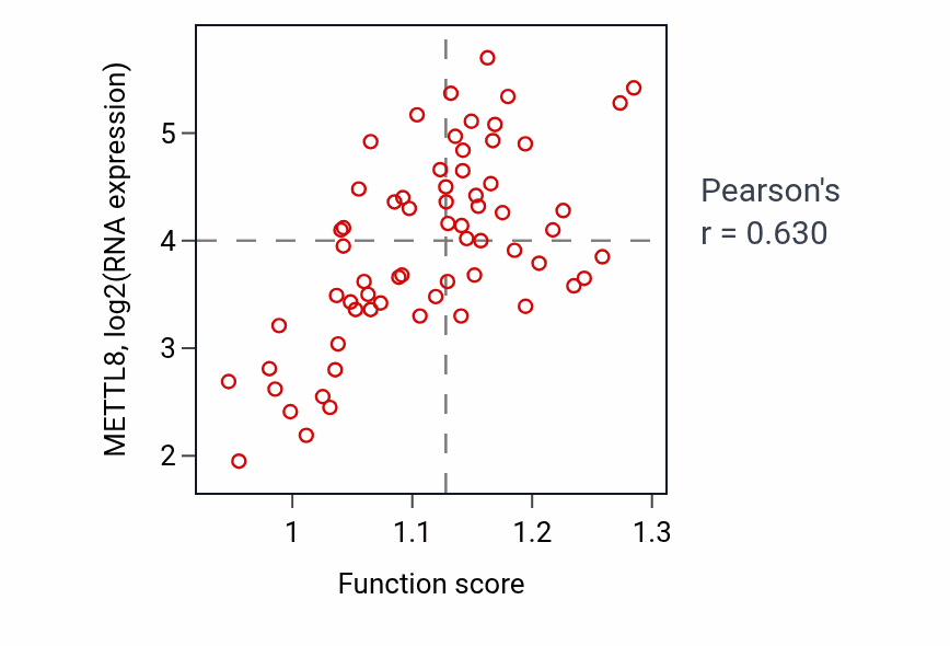 Per-sample scatter of Mitochondrial RNA modification activity vs METTL8 in SOFT_TISSUE.