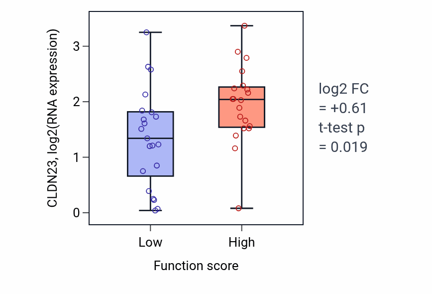 Box plot of CLDN23 in Negative regulation of mitochondrial outer membrane permeabilization involved in apoptotic signaling pathway-low vs -high samples in LARGE_INTESTINE.