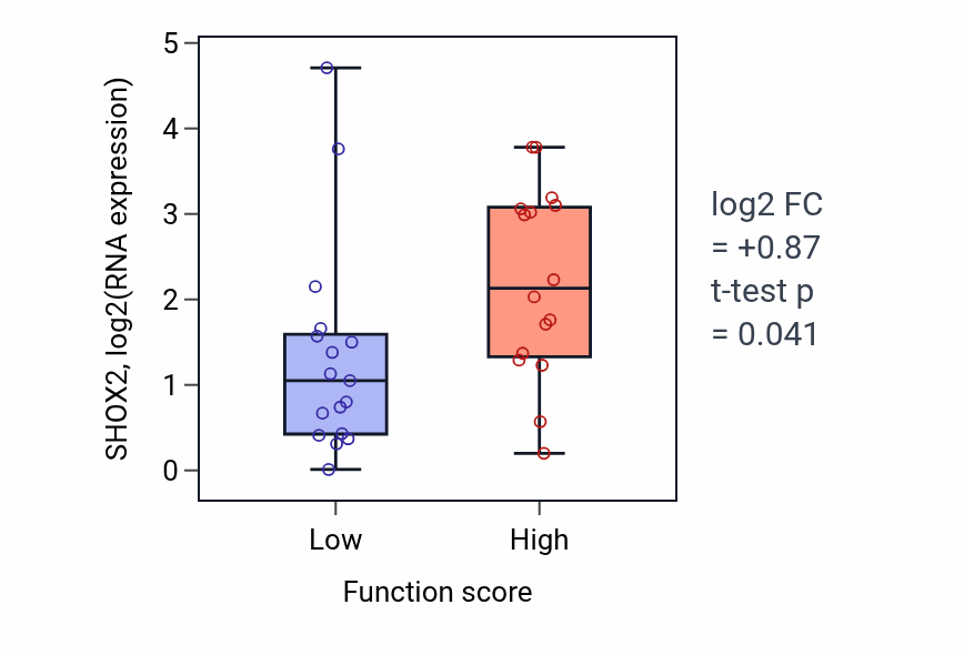 Box plot of SHOX2 in Positive regulation of store-operated calcium channel activity-low vs -high samples in OVARY.
