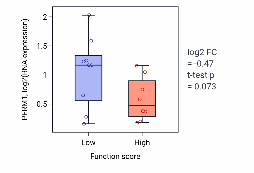 Box plot of PERM1 in Positive regulation of potassium ion transmembrane transport-low vs -high samples in LIVER.