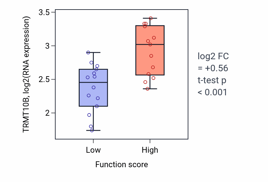 Box plot of TRMT10B in Nucleotide transmembrane transport-low vs -high samples in KIDNEY.