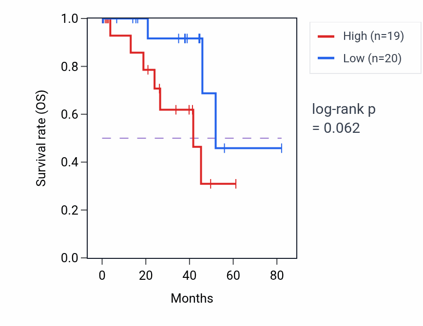 Kaplan&ndash;Meier survival curve for Protein localization to cell junction pathway activity in UVM.