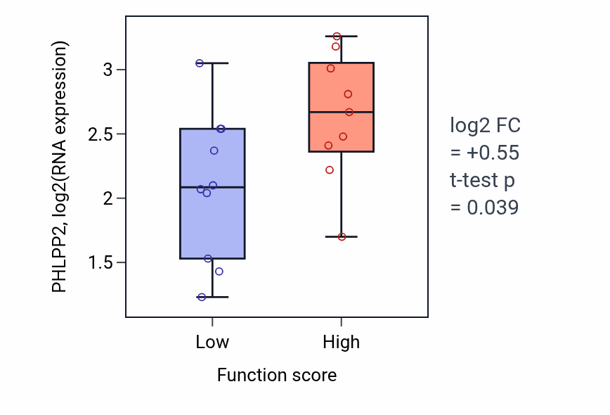 Box plot of PHLPP2 in Protein localization to membrane raft-low vs -high samples in LUNG_NSCLC_LUSC.