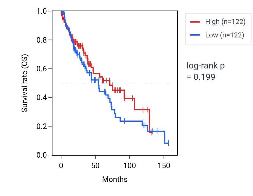 Kaplan&ndash;Meier survival curve for Positive regulation of cell maturation pathway activity in LUSC: high vs low activity groups.